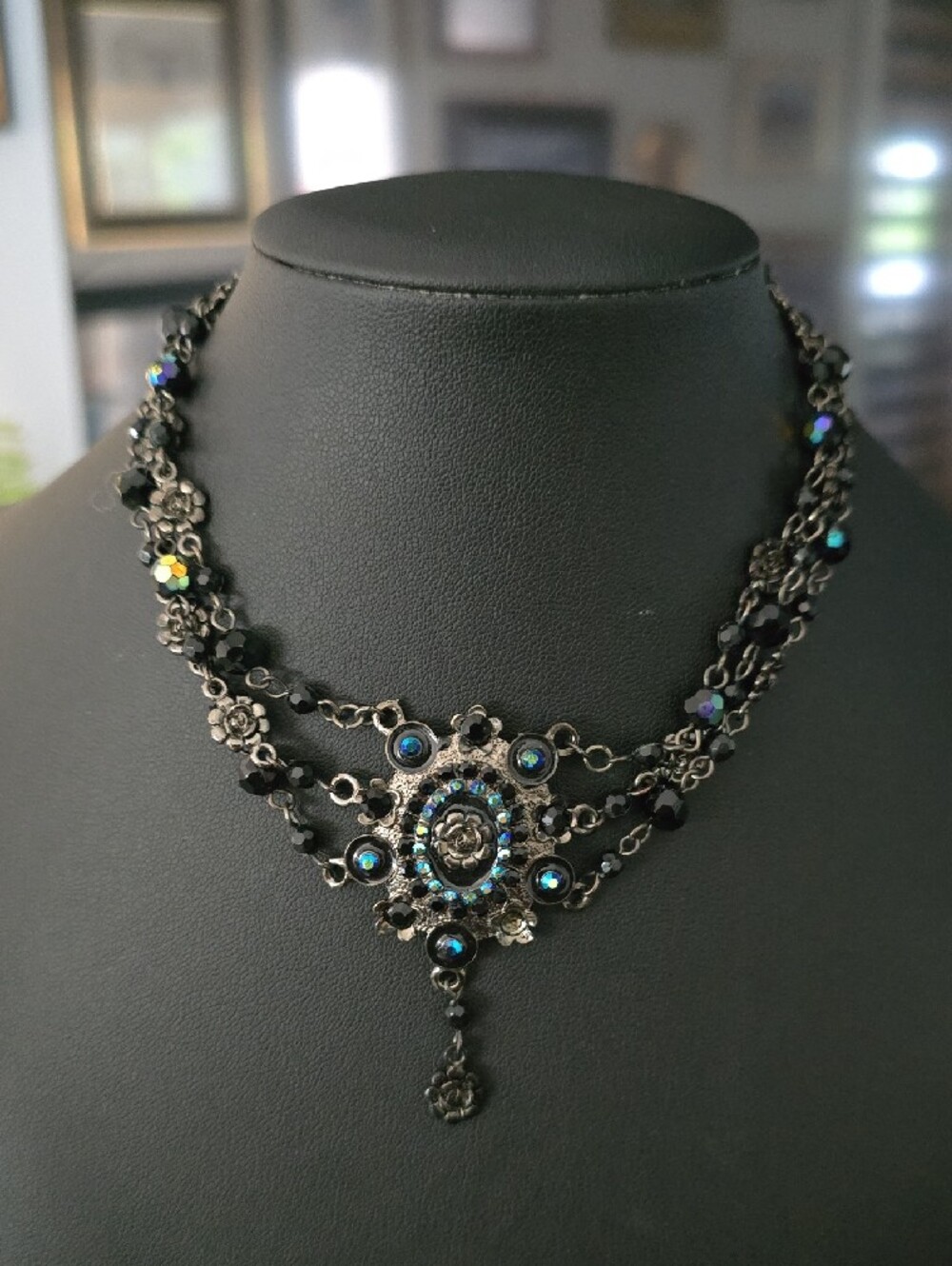Vintage-Inspired Black & Blue Crystal Statement Necklace